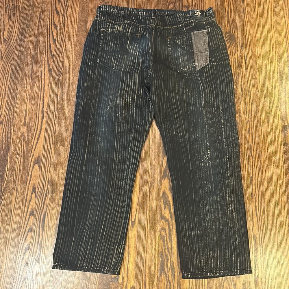 Men's Black Pinstripe Jeans with Gray Knee Patches - Picture 6 of 11